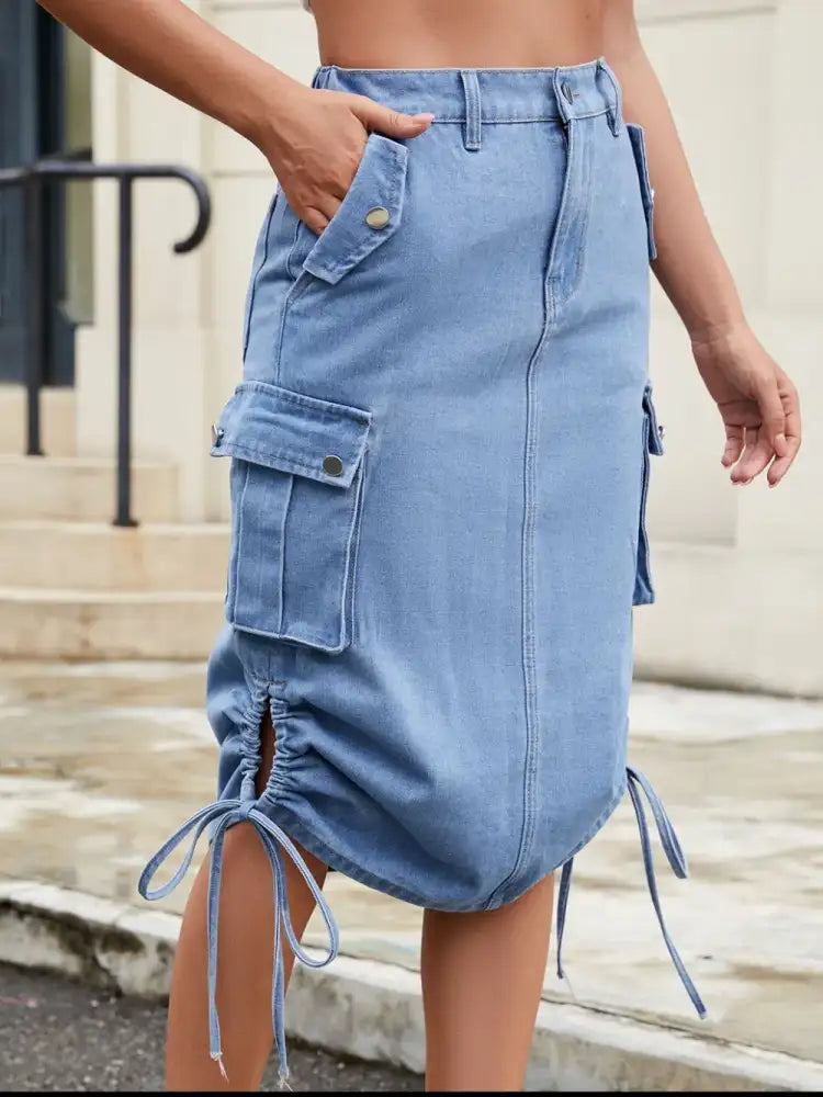 Drawstring Denim Skirt with Cargo Pockets