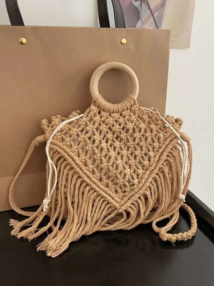 Drawstring Fringe Crochet Bag