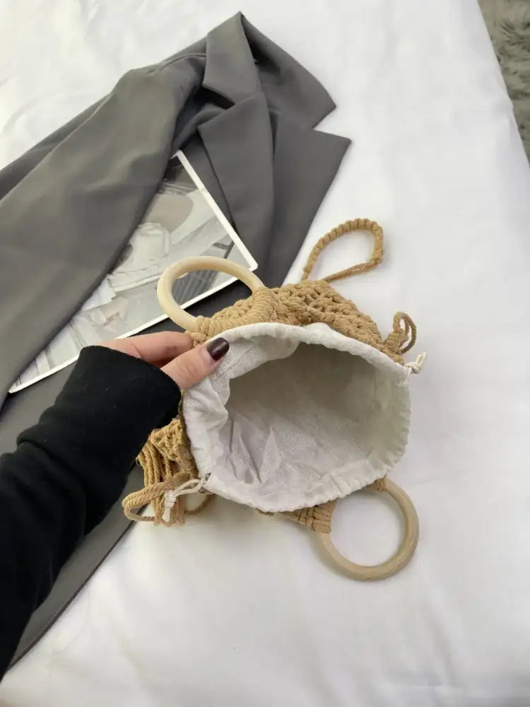 Drawstring Fringe Crochet Bag