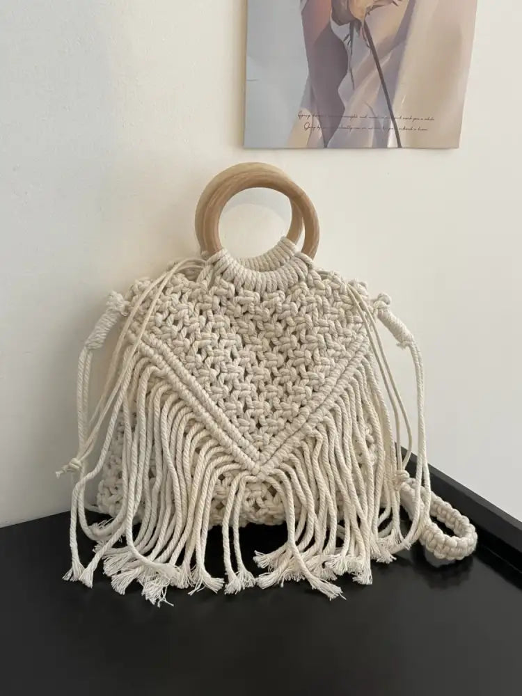 Drawstring Fringe Crochet Bag