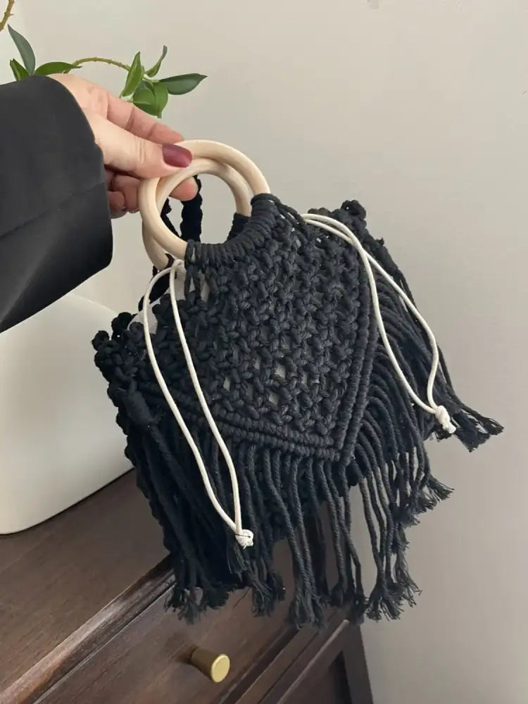 Drawstring Fringe Crochet Bag