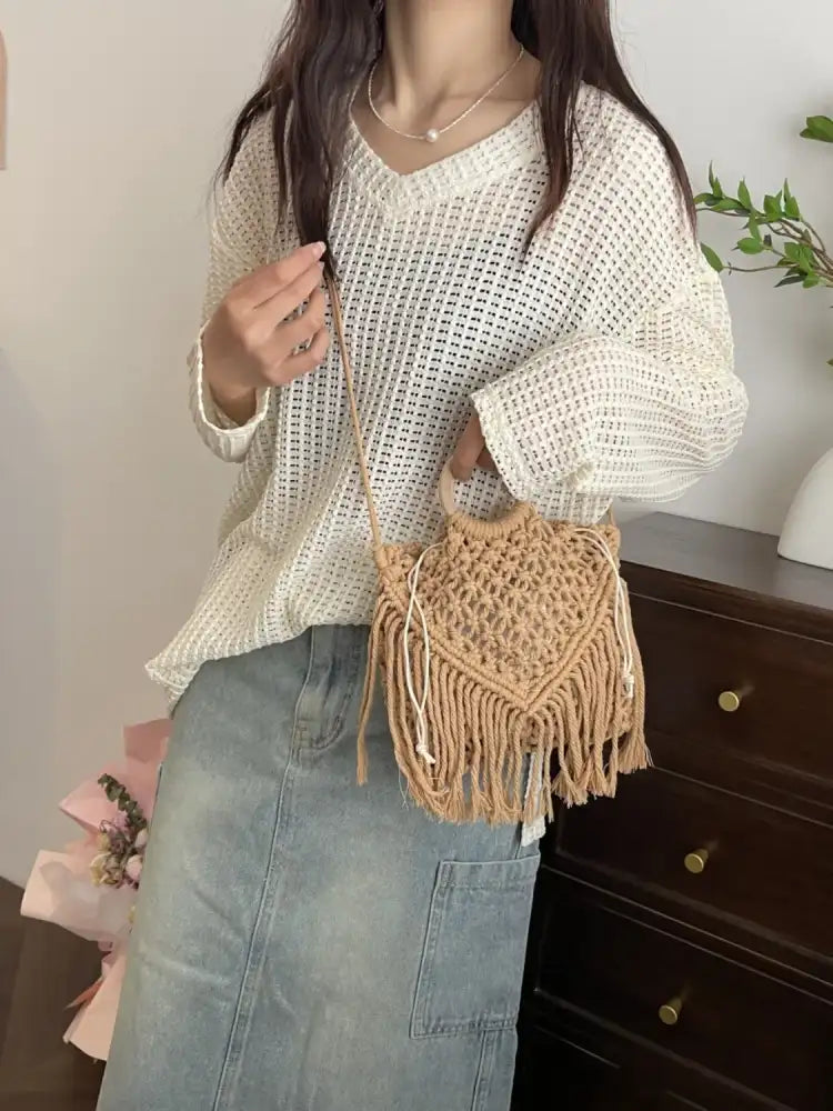 Drawstring Fringe Crochet Bag