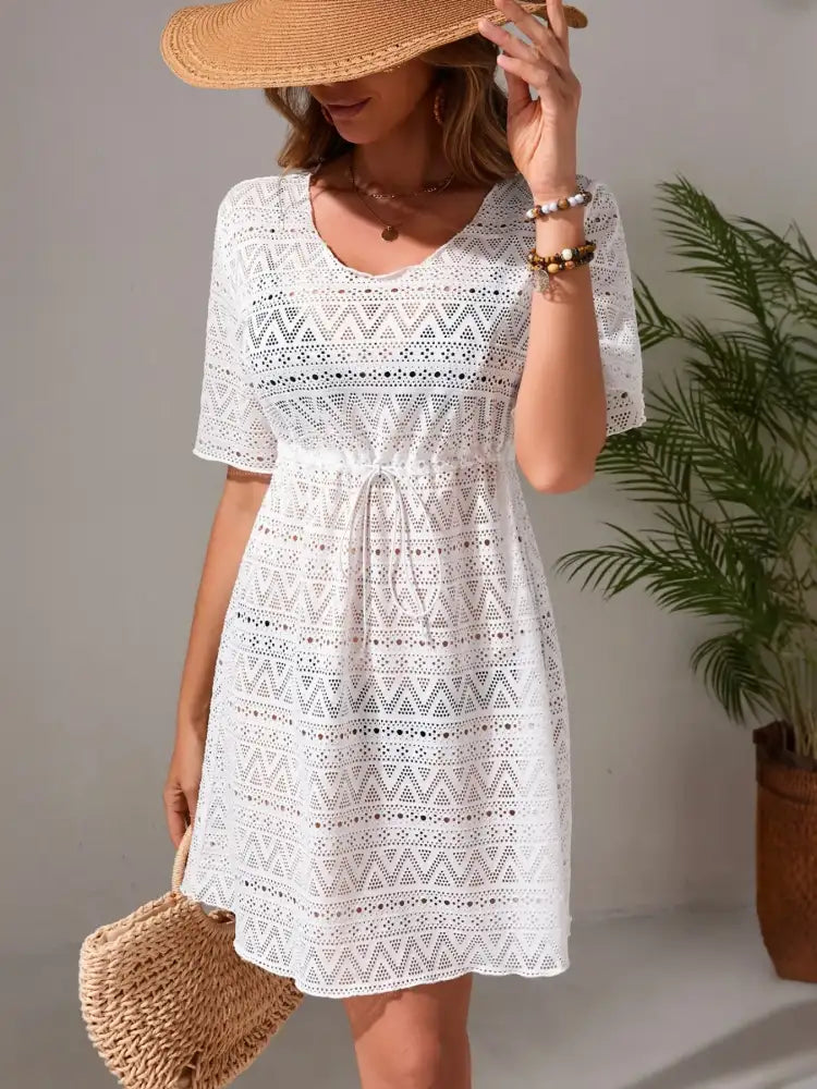 Drawstring Hollow Out Short Sleeve Cover-Up Dress