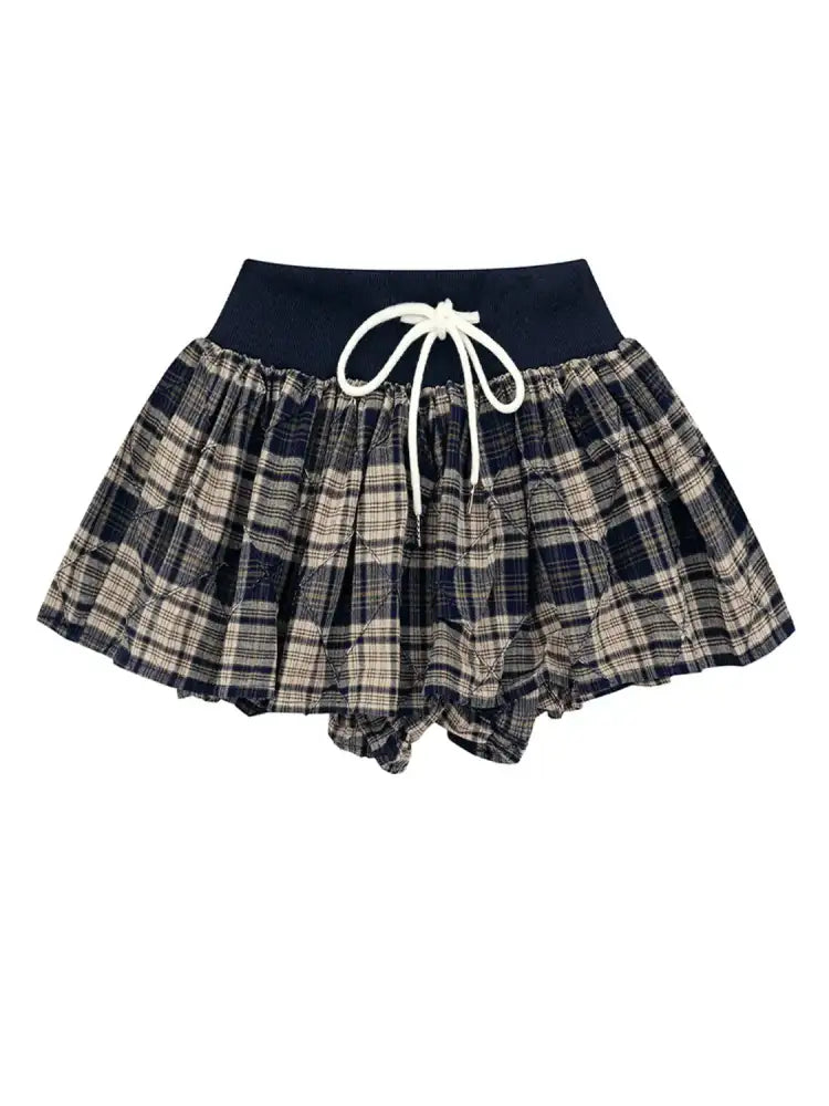 Drawstring Plaid Skort