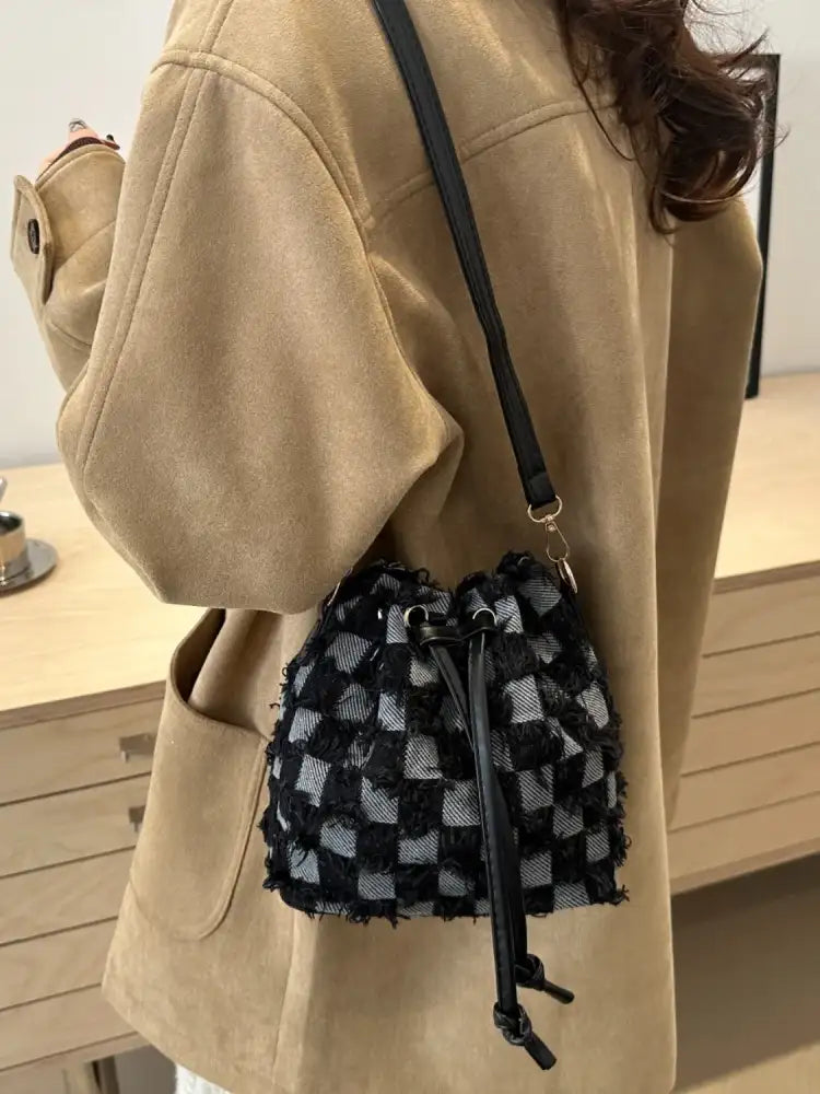 Drawstring Raw Edge Bucket Bag