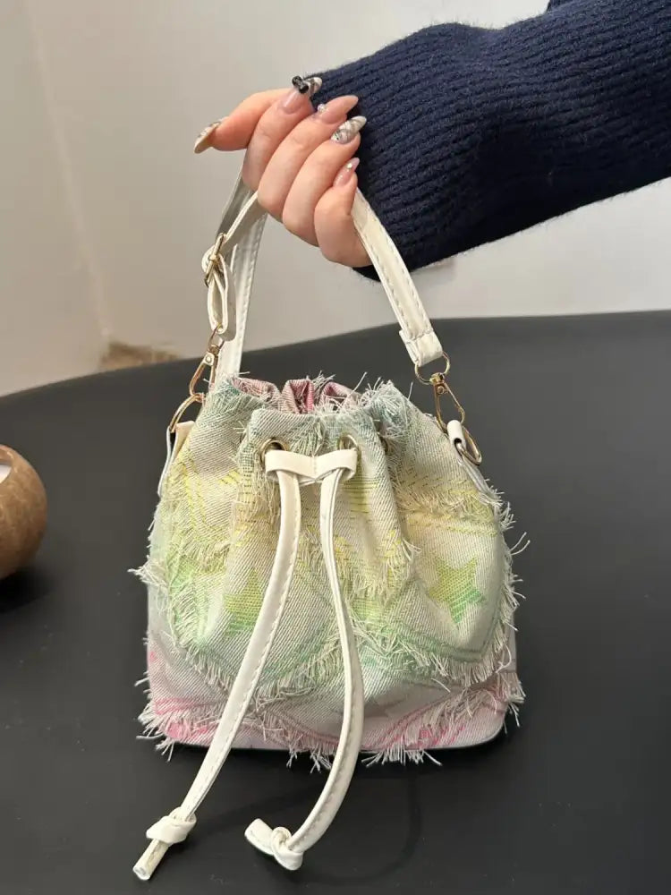 Drawstring Raw Edge Bucket Bag