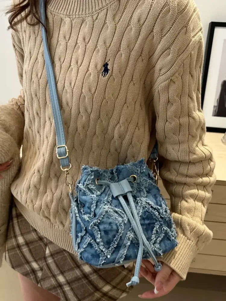 Drawstring Raw Hem Bucket Bag