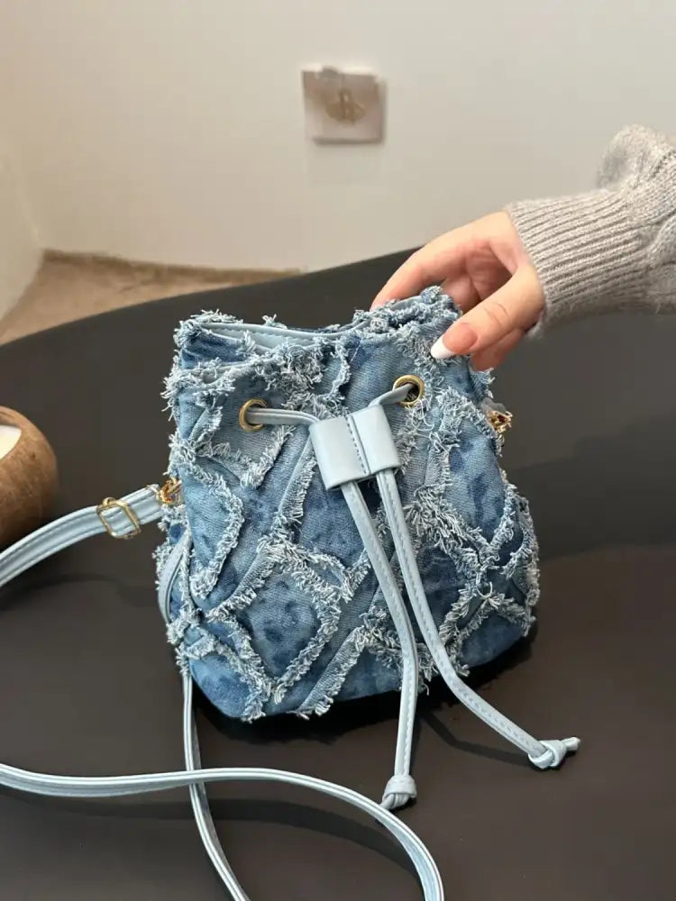 Drawstring Raw Hem Bucket Bag