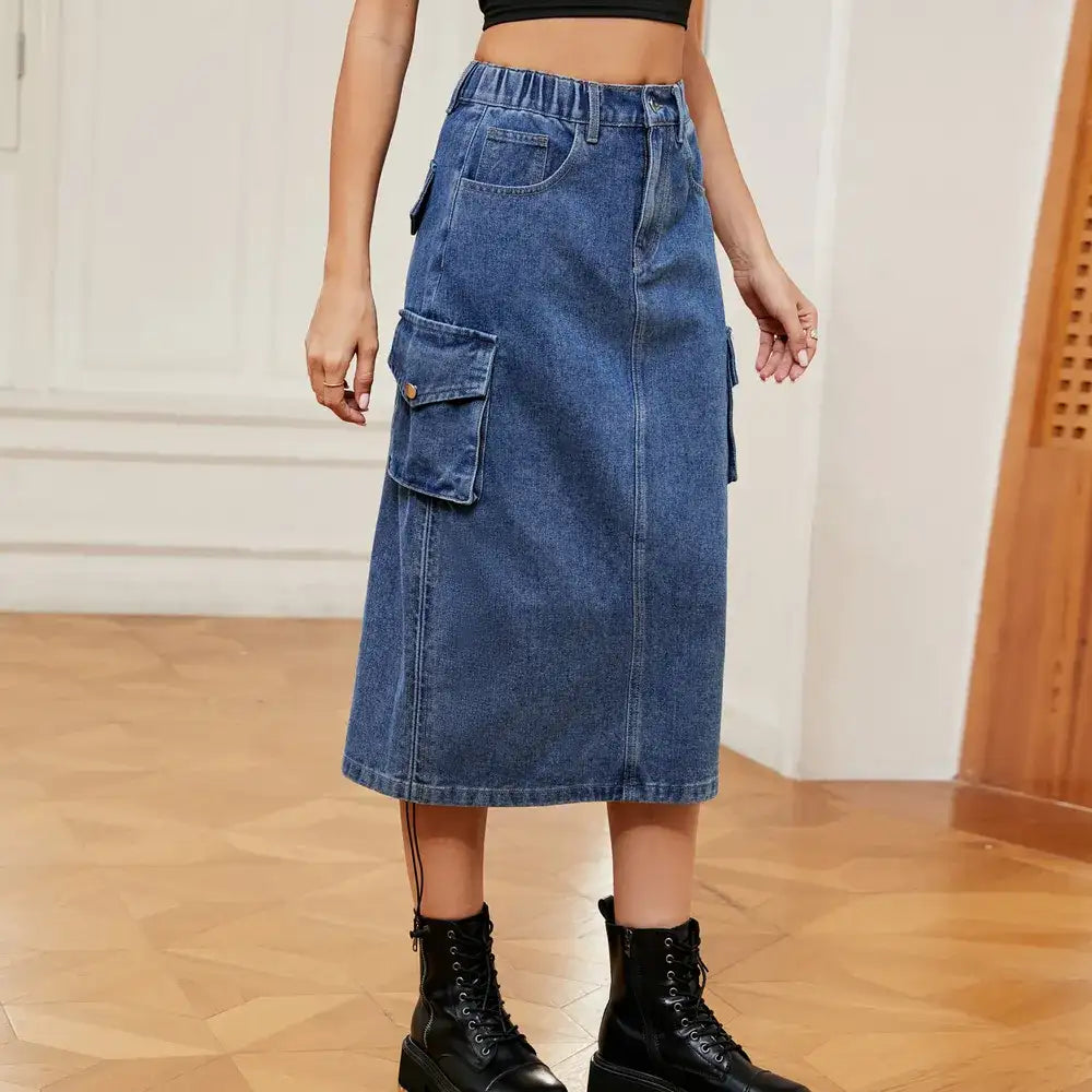 Drawstring Ruched Slit Denim Midi Skirt