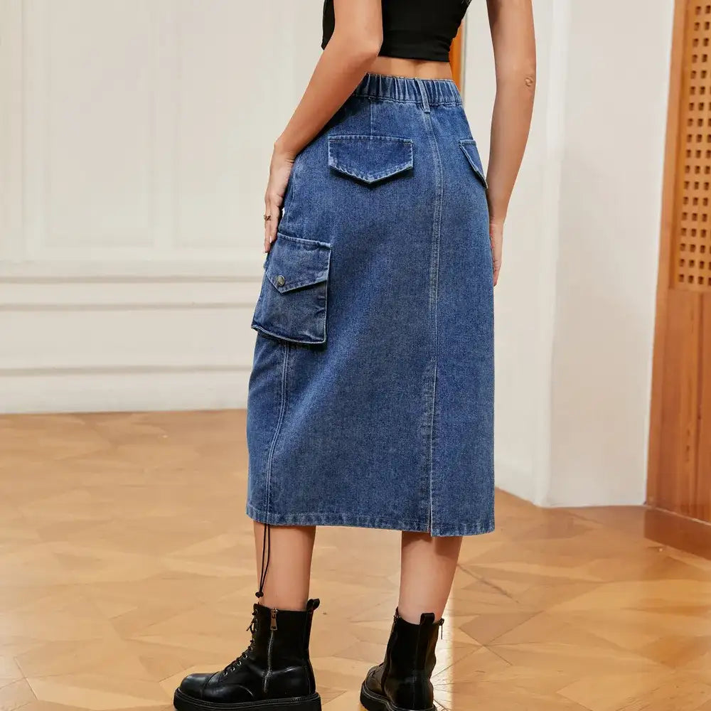 Drawstring Ruched Slit Denim Midi Skirt