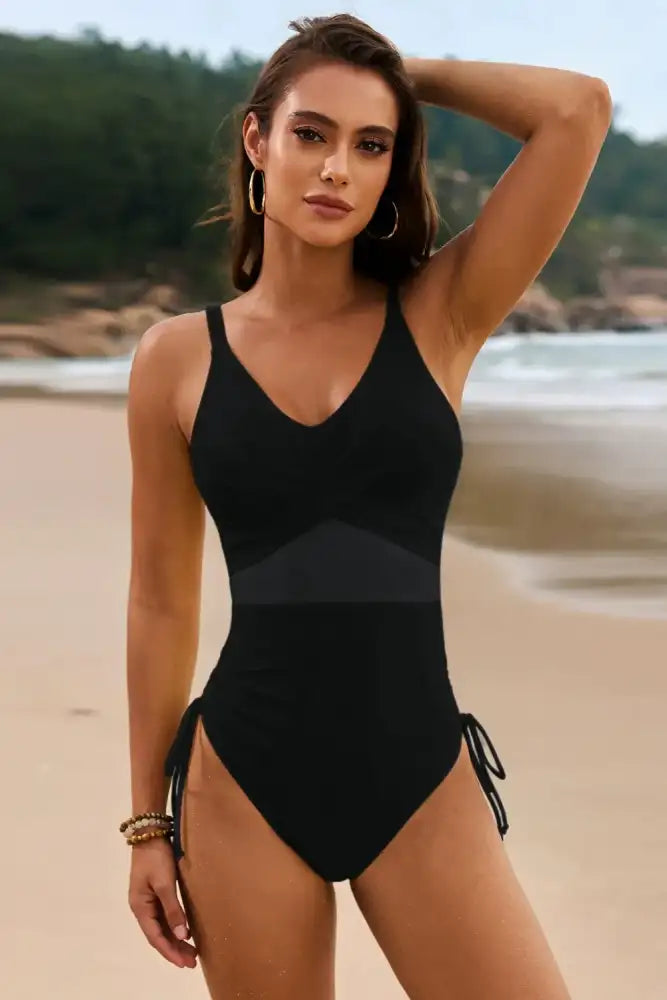 Drawstring Ruched V-Neck One-Piece Swimwear
