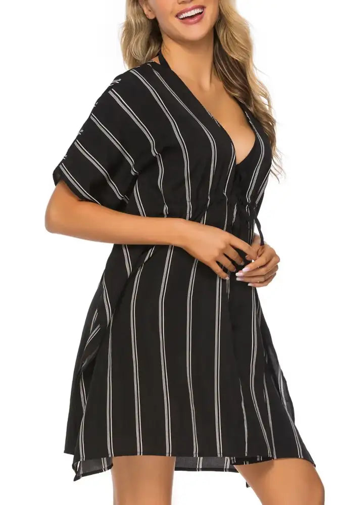 Drawstring Striped V-Neck Cover-Up
