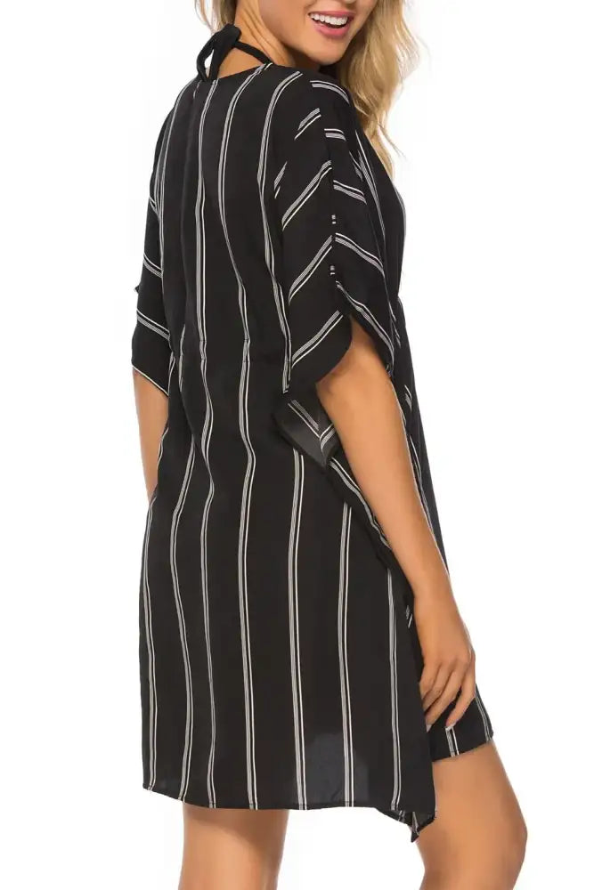 Drawstring Striped V-Neck Cover-Up