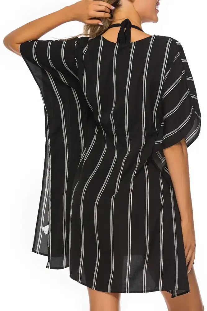 Drawstring Striped V-Neck Cover-Up