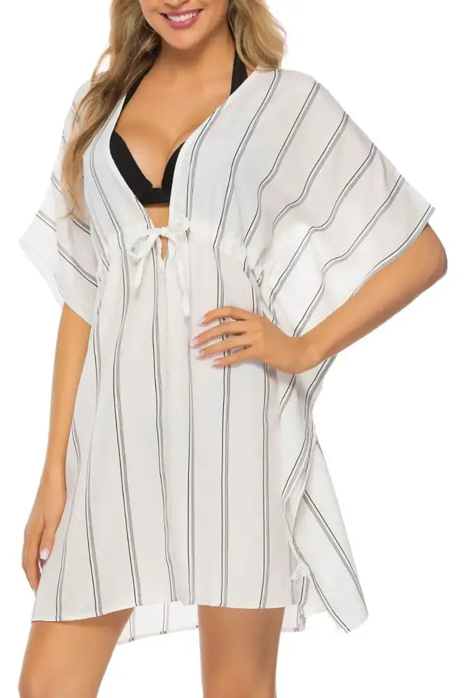 Drawstring Striped V-Neck Cover-Up