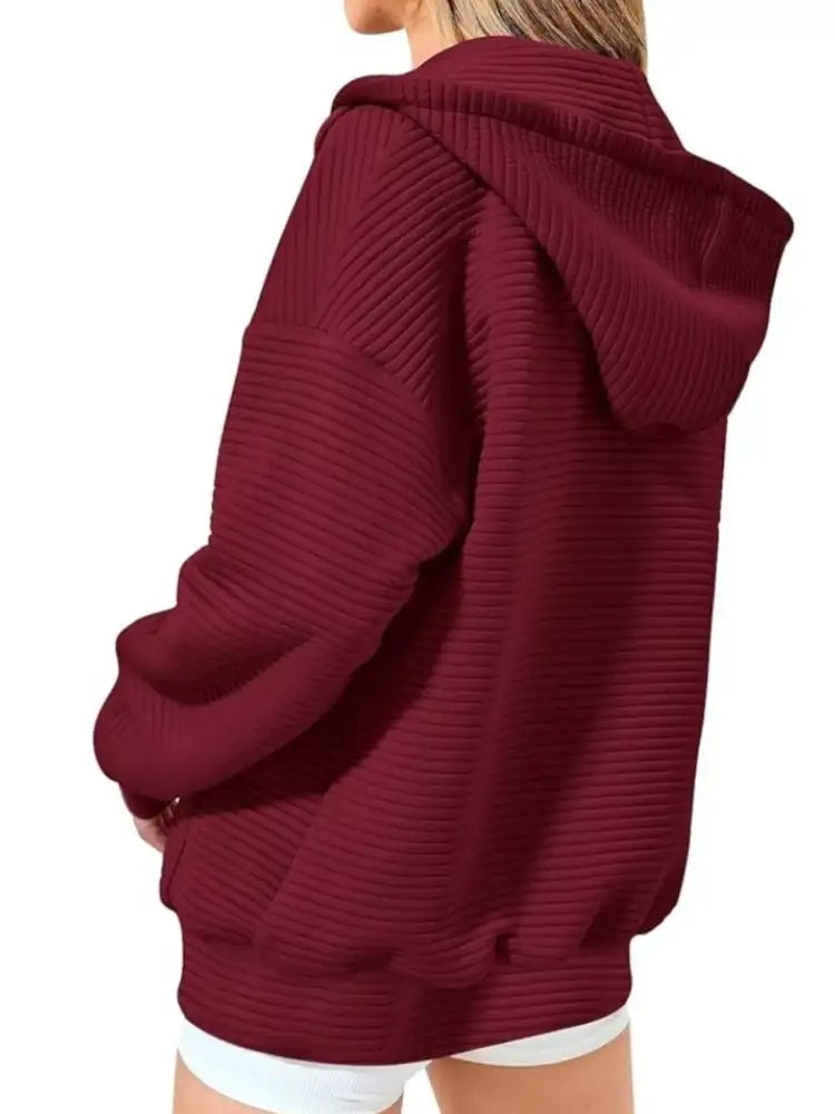 Drawstring Zip Up Dropped Shoulder Hoodie