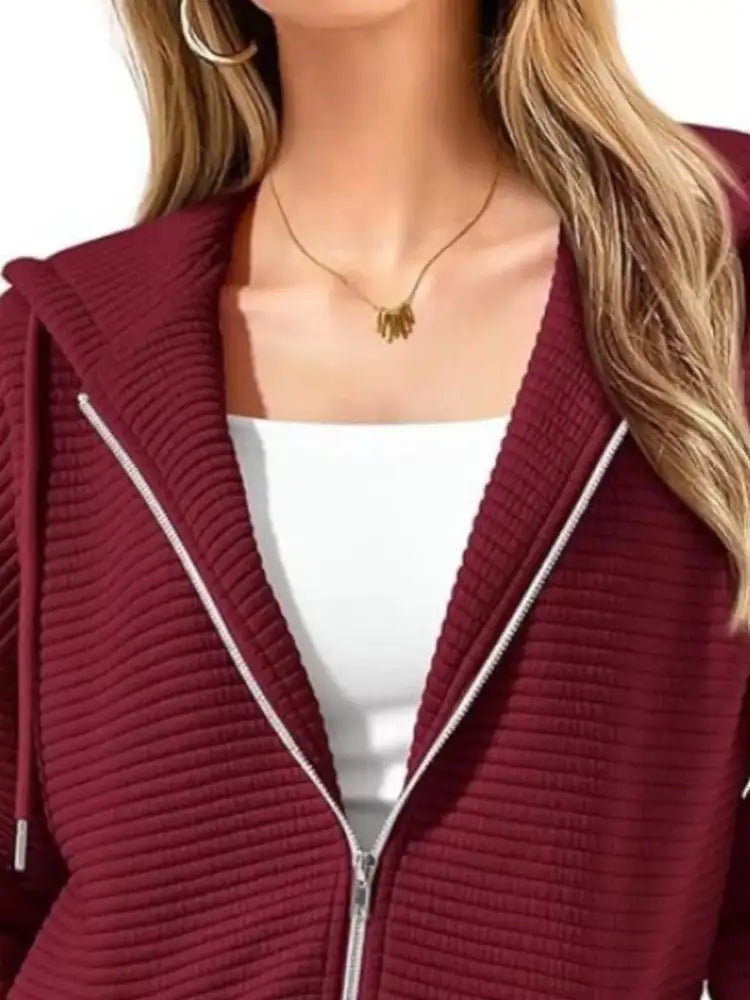 Drawstring Zip Up Dropped Shoulder Hoodie