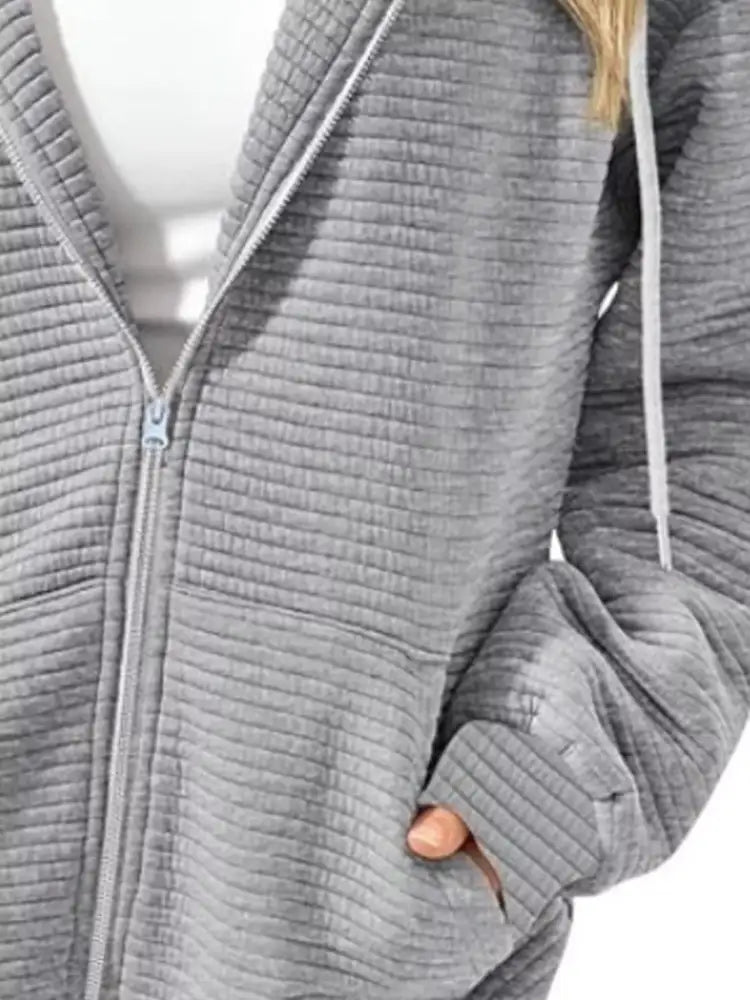 Drawstring Zip Up Dropped Shoulder Hoodie