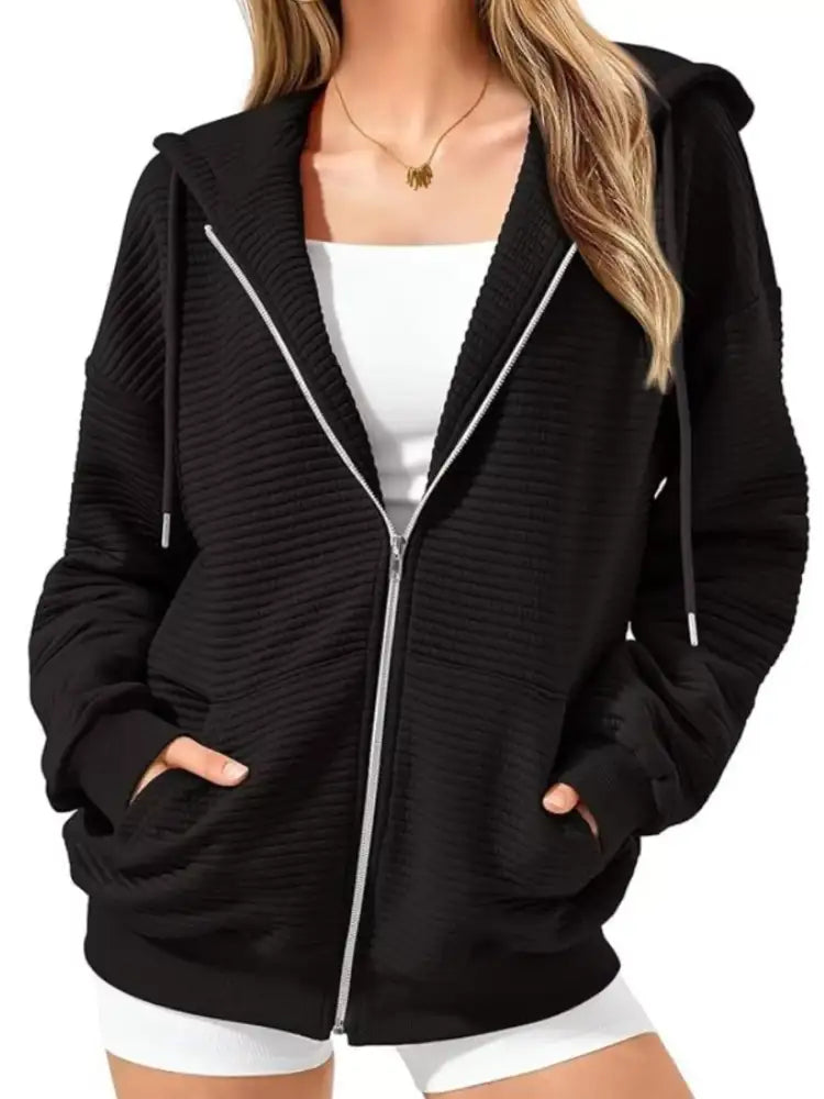 Drawstring Zip Up Dropped Shoulder Hoodie