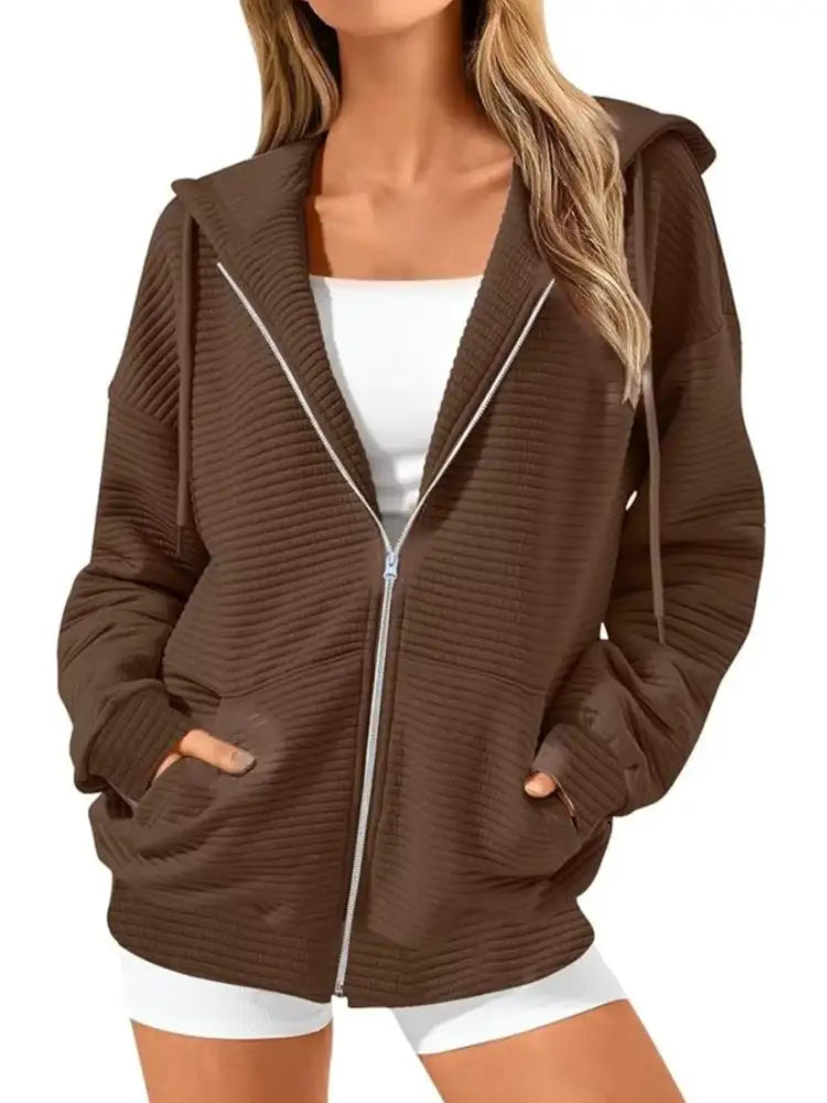 Drawstring Zip Up Dropped Shoulder Hoodie