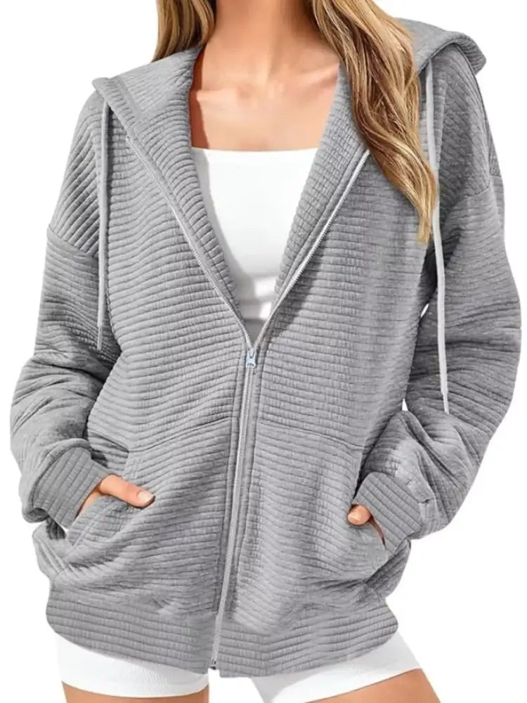 Drawstring Zip Up Dropped Shoulder Hoodie