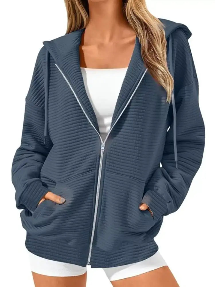 Drawstring Zip Up Dropped Shoulder Hoodie