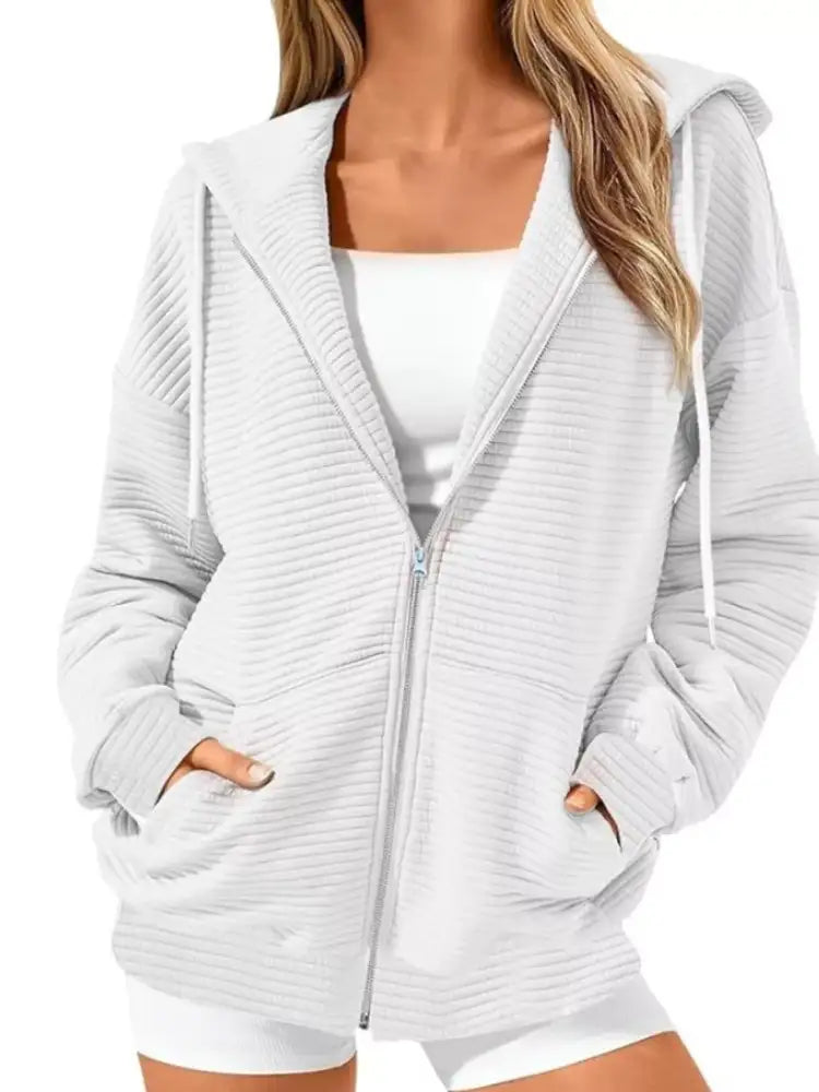 Drawstring Zip Up Dropped Shoulder Hoodie