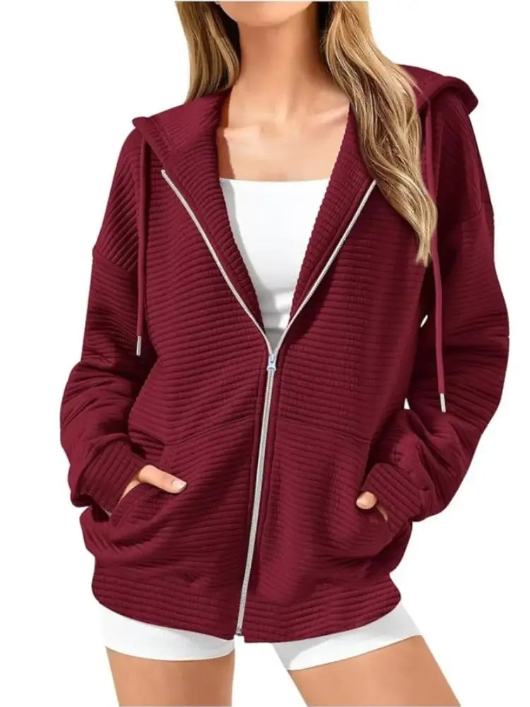 Drawstring Zip Up Dropped Shoulder Hoodie