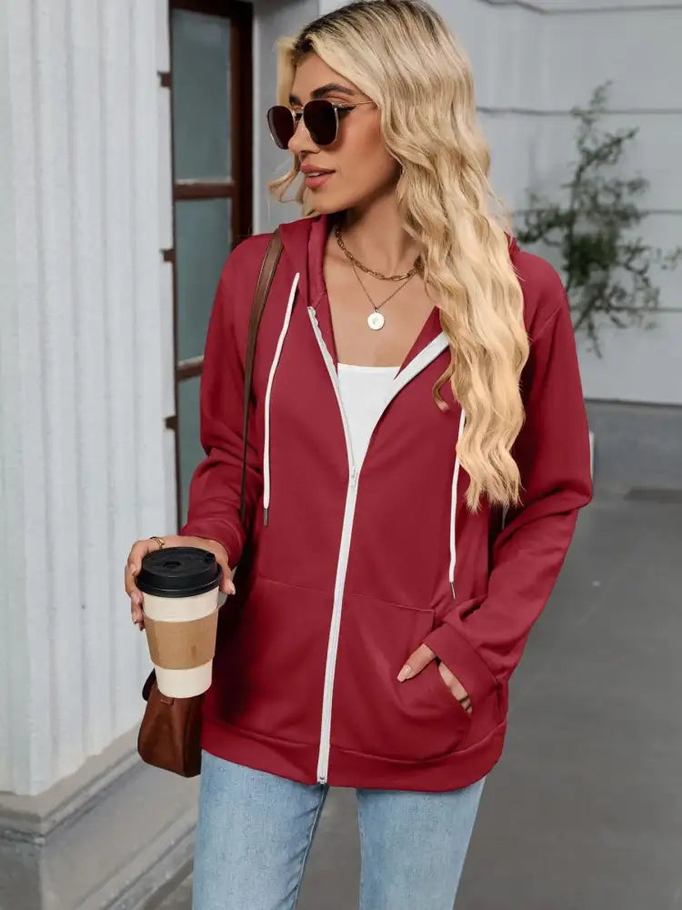 Drawstring Zip Up Long Sleeve Hoodie