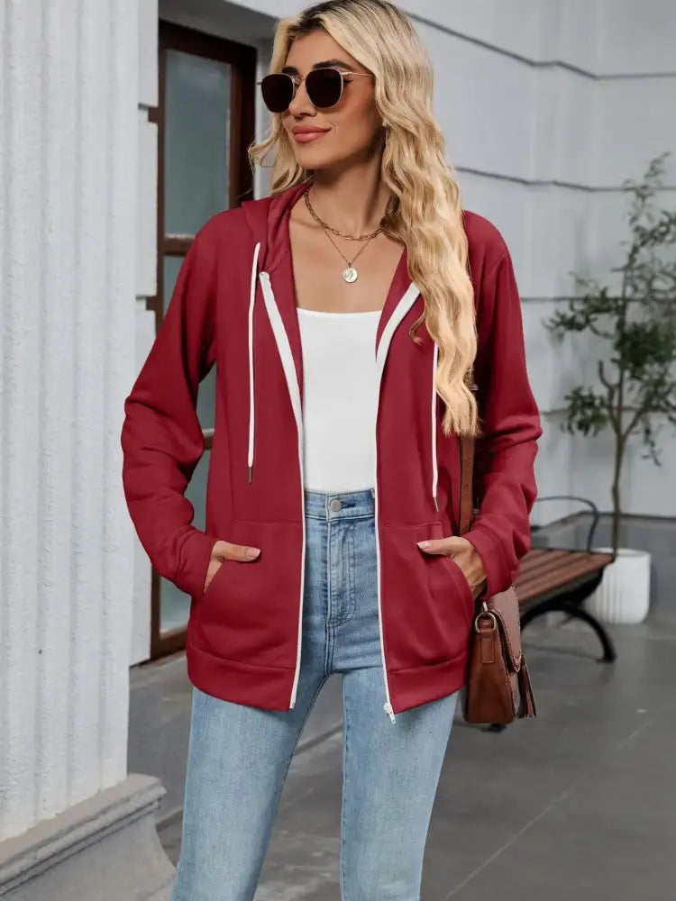 Drawstring Zip Up Long Sleeve Hoodie