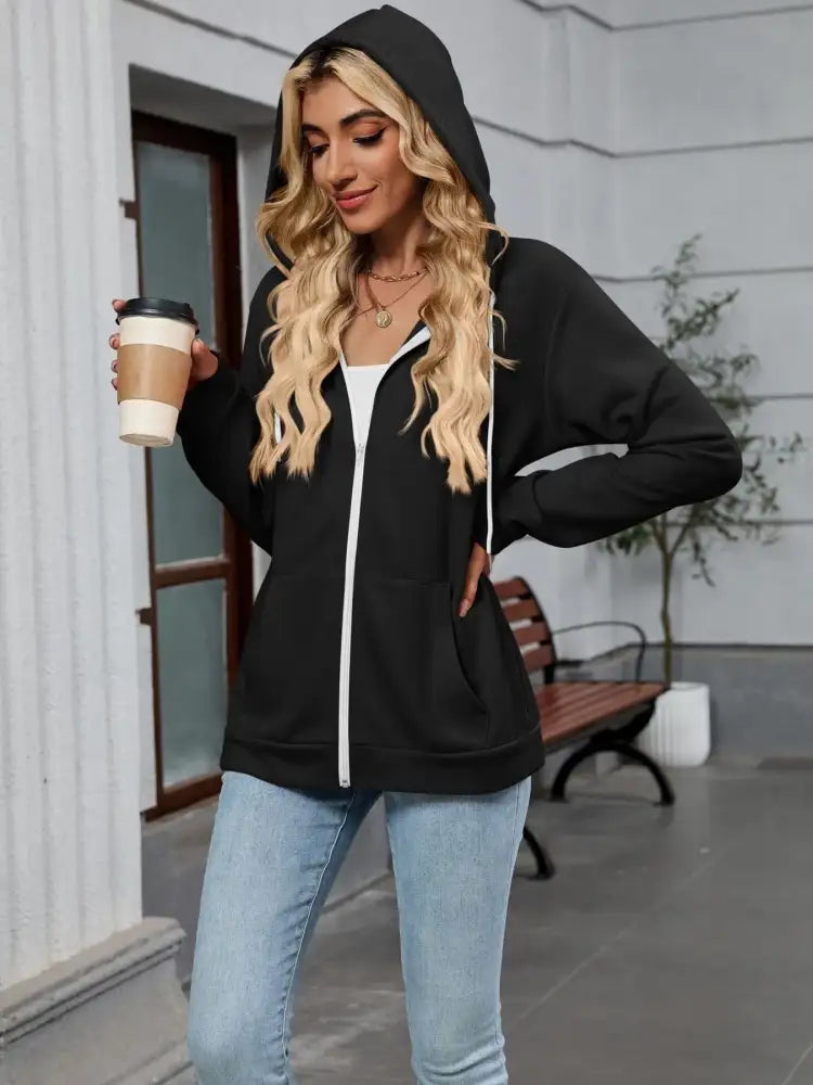 Drawstring Zip Up Long Sleeve Hoodie