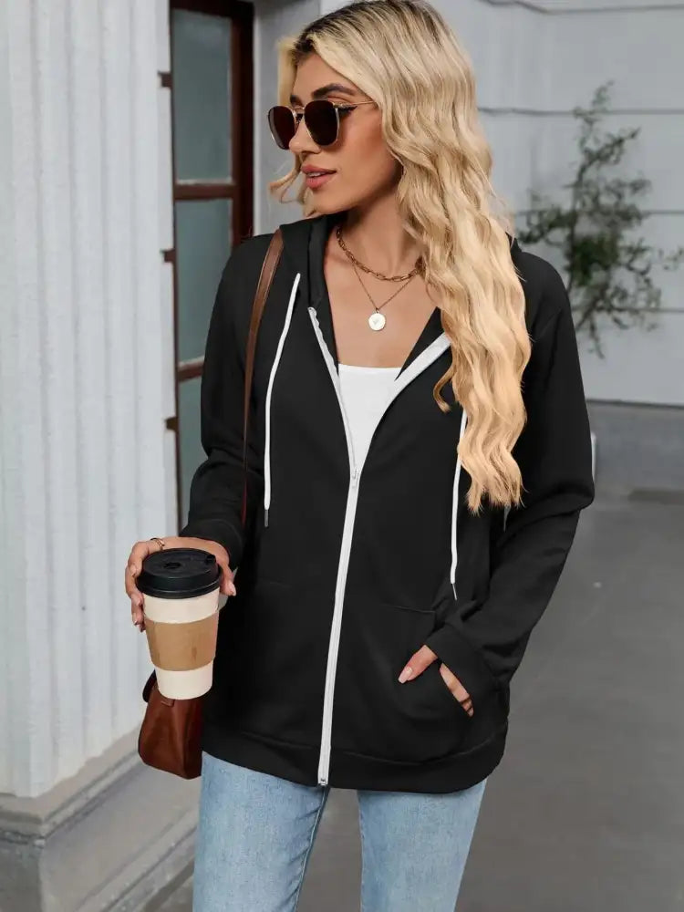 Drawstring Zip Up Long Sleeve Hoodie
