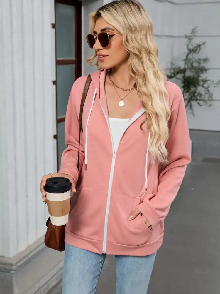 Drawstring Zip Up Long Sleeve Hoodie