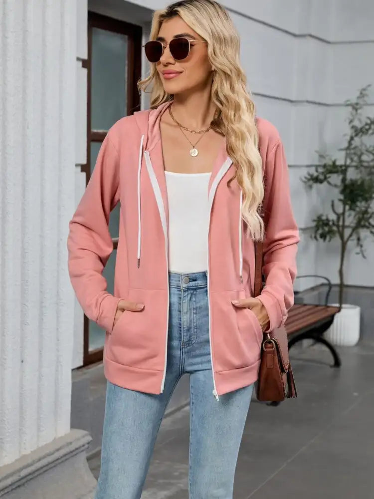 Drawstring Zip Up Long Sleeve Hoodie