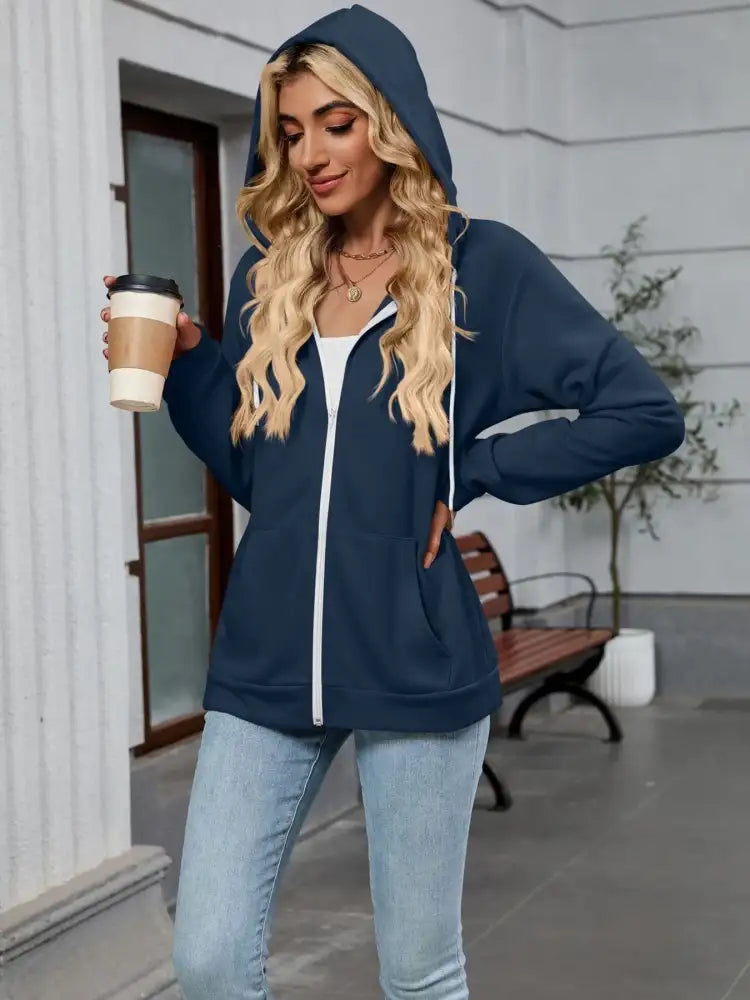 Drawstring Zip Up Long Sleeve Hoodie