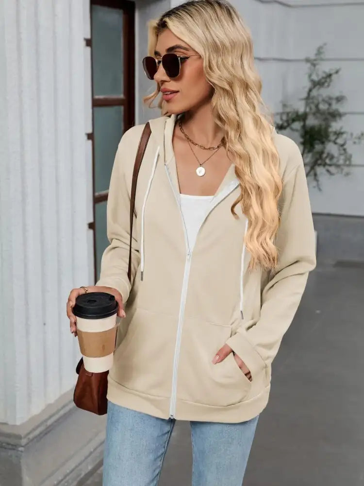 Drawstring Zip Up Long Sleeve Hoodie