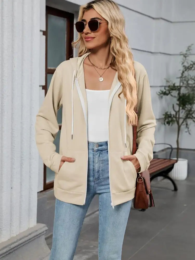 Drawstring Zip Up Long Sleeve Hoodie