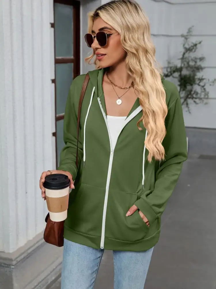 Drawstring Zip Up Long Sleeve Hoodie