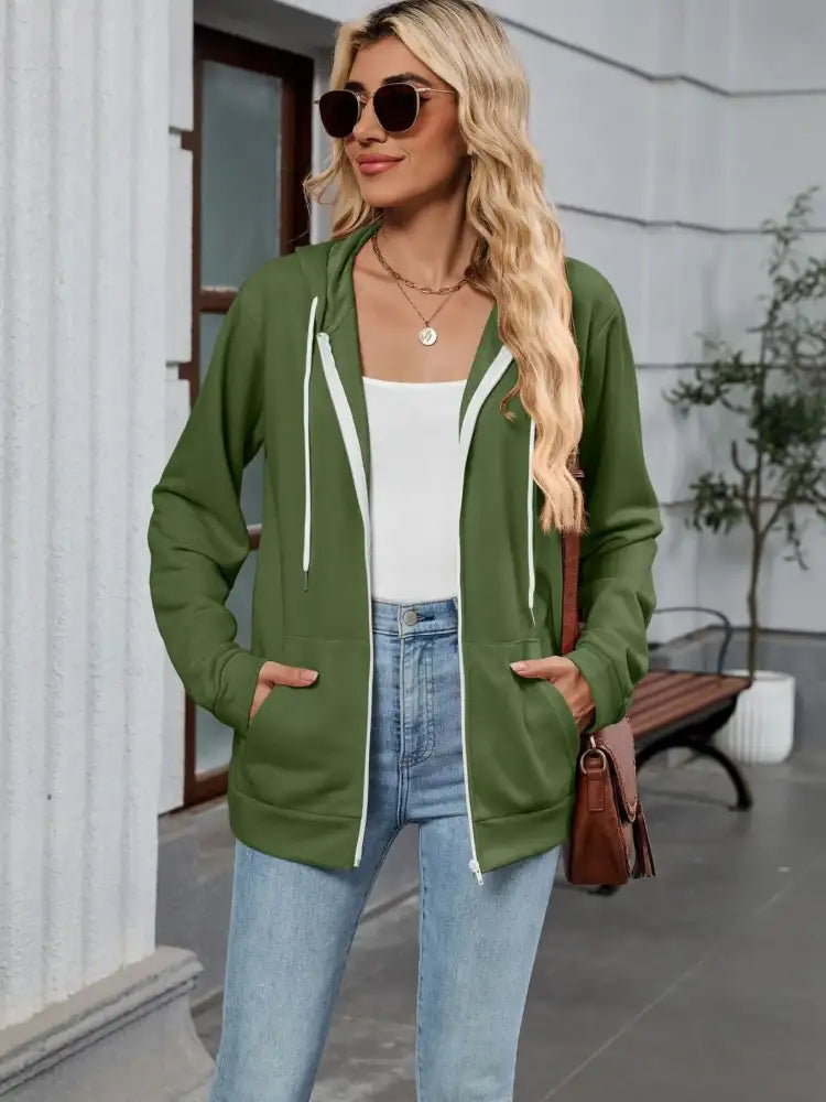 Drawstring Zip Up Long Sleeve Hoodie