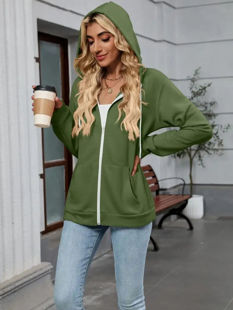 Drawstring Zip Up Long Sleeve Hoodie