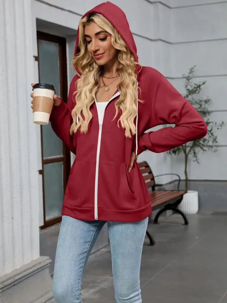 Drawstring Zip Up Long Sleeve Hoodie