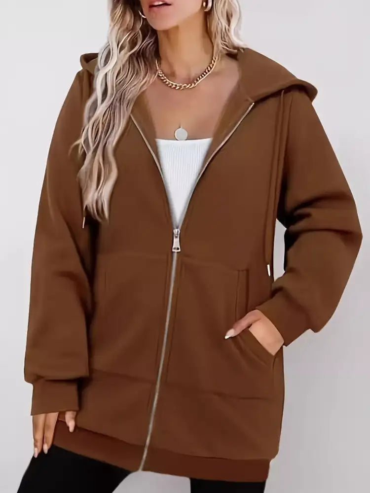 Drawstring Zip Up Long Sleeve Hoodie