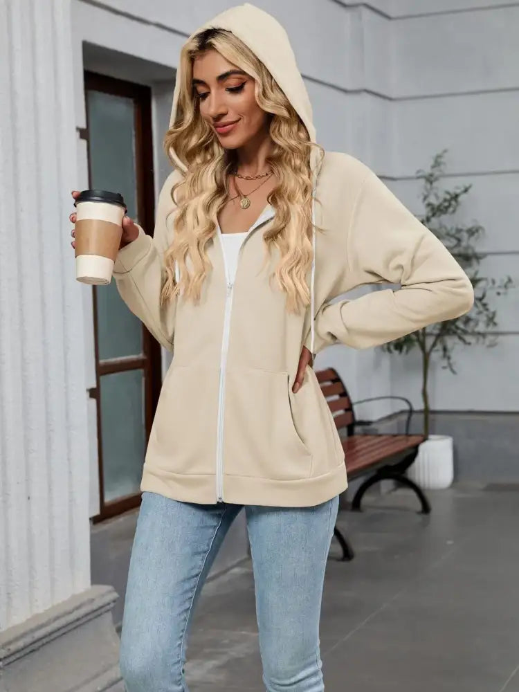 Drawstring Zip Up Long Sleeve Hoodie