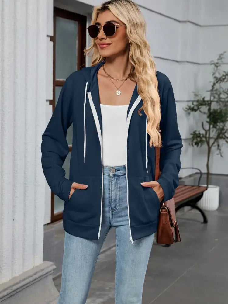 Drawstring Zip Up Long Sleeve Hoodie