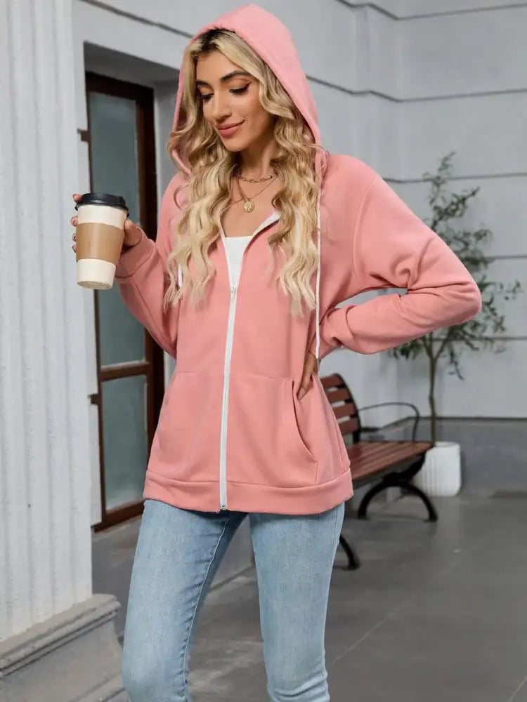 Drawstring Zip Up Long Sleeve Hoodie