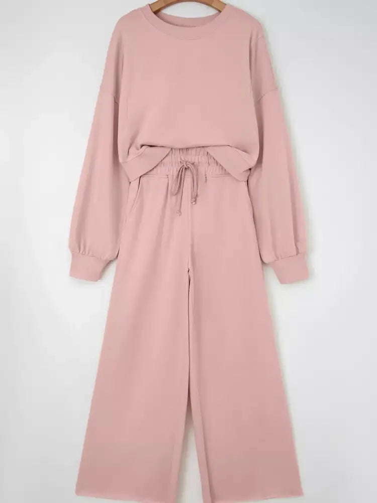 Drop Shoulder Puff Sleeve Crop Top and Drawstring Wide Leg Pants Set