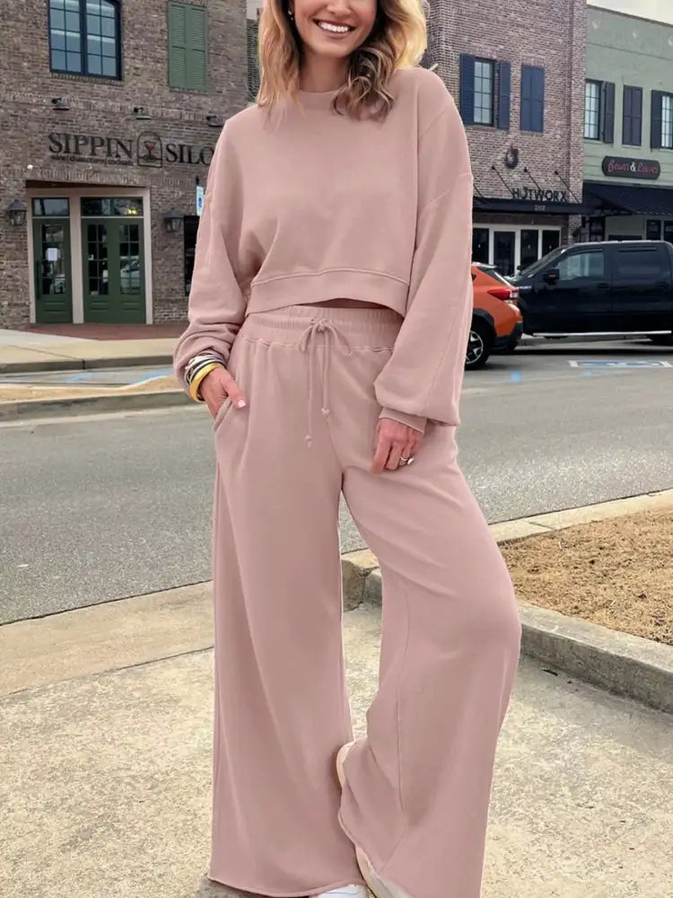 Drop Shoulder Puff Sleeve Crop Top and Drawstring Wide Leg Pants Set
