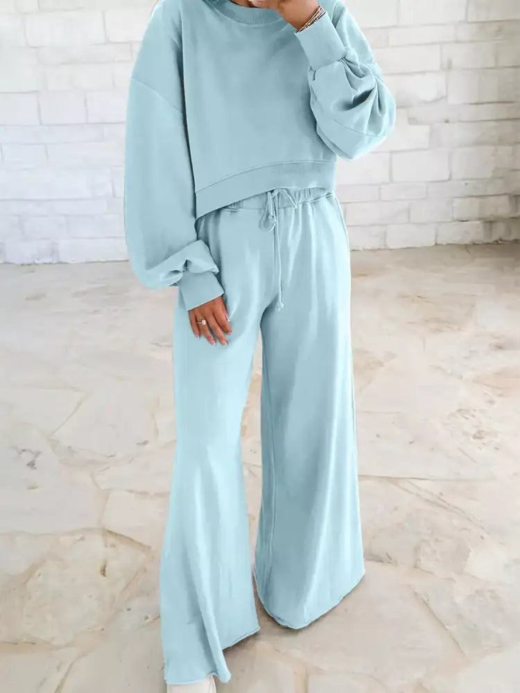 Drop Shoulder Puff Sleeve Crop Top and Drawstring Wide Leg Pants Set