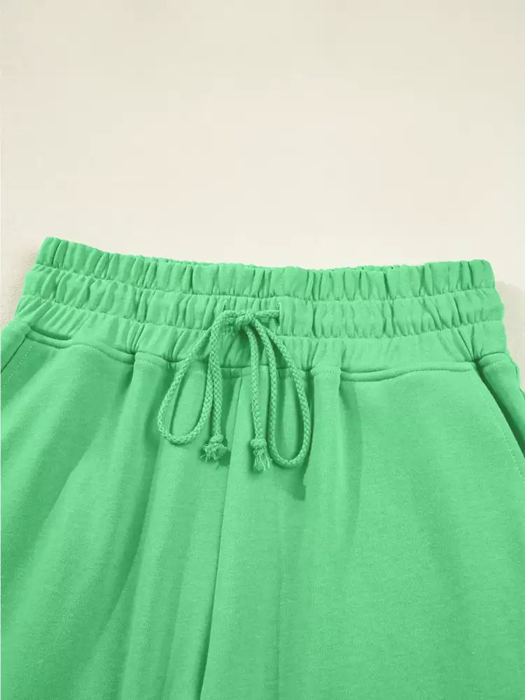 Drop Shoulder Puff Sleeve Crop Top and Drawstring Wide Leg Pants Set