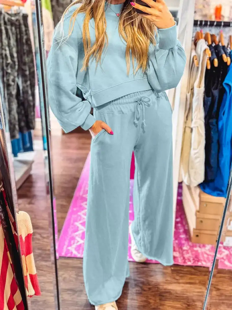 Drop Shoulder Puff Sleeve Crop Top and Drawstring Wide Leg Pants Set